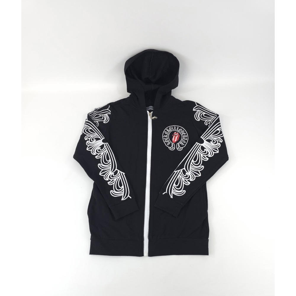 Chrome Hearts x Rolling Stones Inspired Black Zip Fleece Hoodie Logo Kids XL